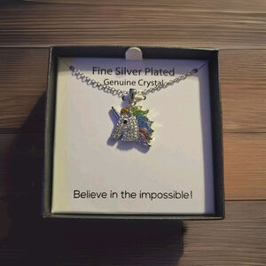 Unicorn Necklace Fine Silver plated w/ multli-color genuine crystal 9” Gift Box